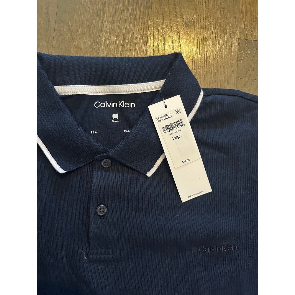 Calvin‎ Klein Mens Navy Blue Short Sleeve Polo Shirt With White Trim Size Large - Picture 3 of 3